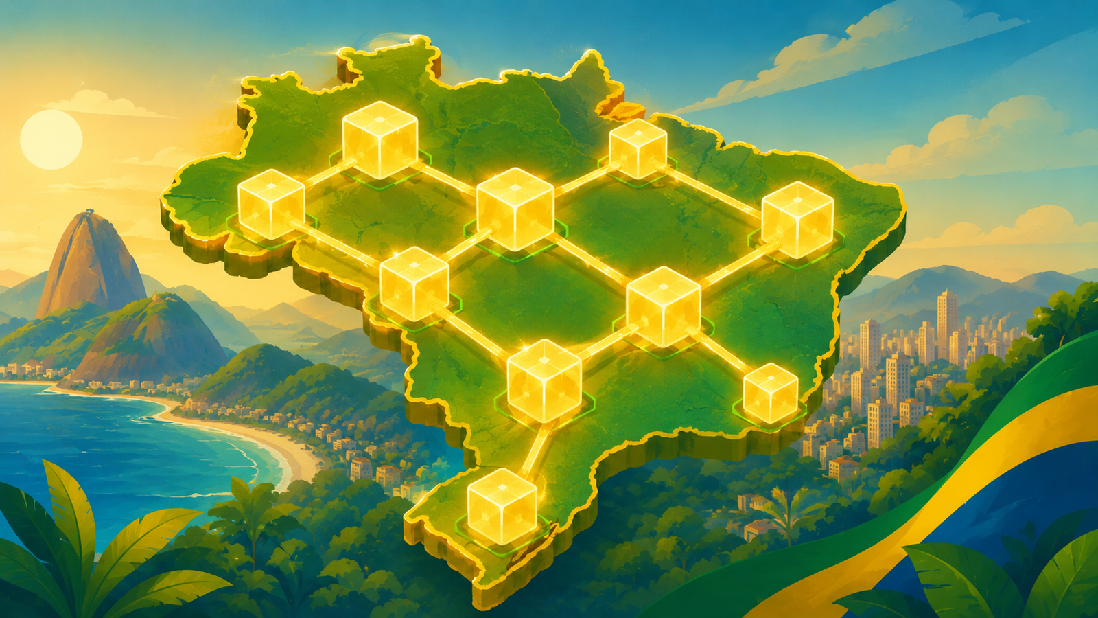 Illustration of interconnected glowing blocks forming a chain over a stylized map of Brazil