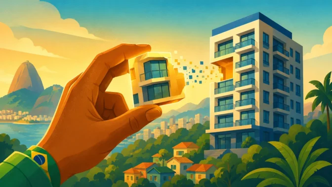 Ilustração de um ativo real se transformando em um token digital, representando o conceito de tokenização de ativos