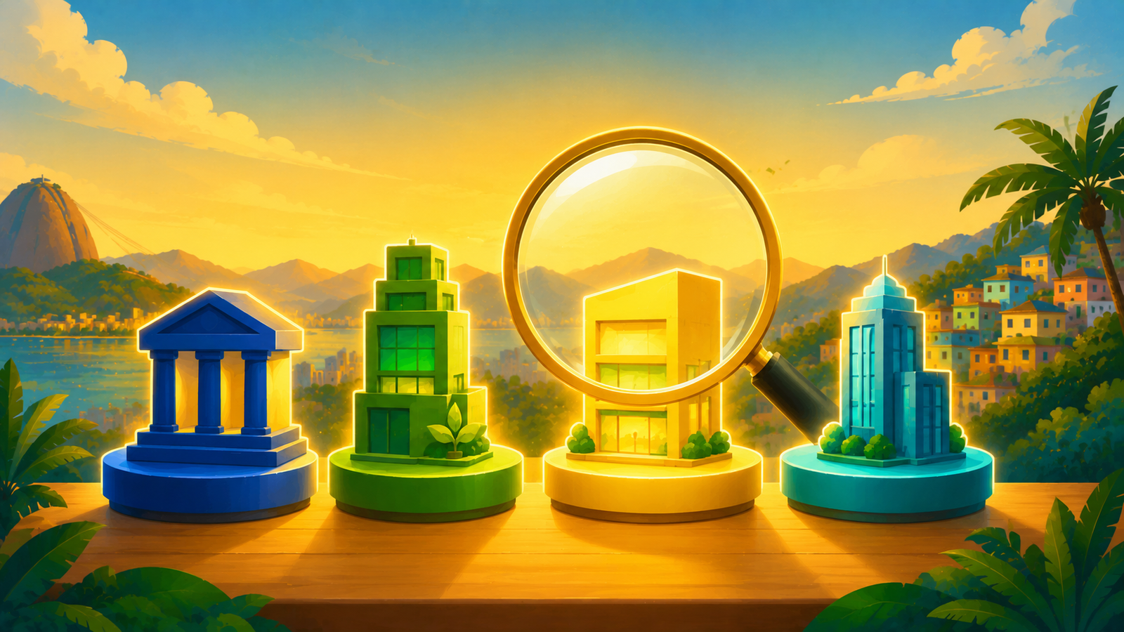 Comparação entre plataformas de tokenização de ativos representadas por edifícios estilizados e uma lupa.