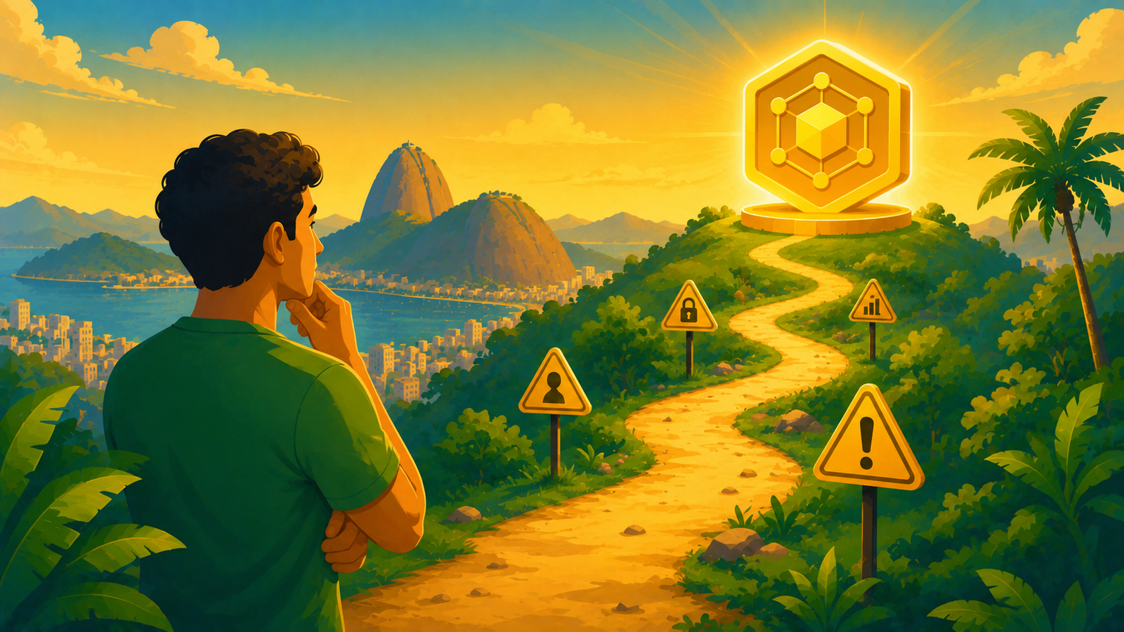 Pessoa analisando riscos antes de investir em um ativo tokenizado, seguindo um caminho até um token seguro.