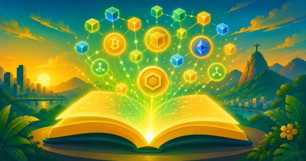 Ilustração de um livro digital com ícones de blockchain e tokens, representando um glossário de tokenização