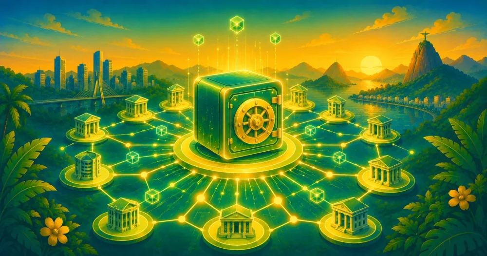 Ilustração de um cofre digital central conectado a múltiplas instituições financeiras, representando a DTCC adotando tokenização