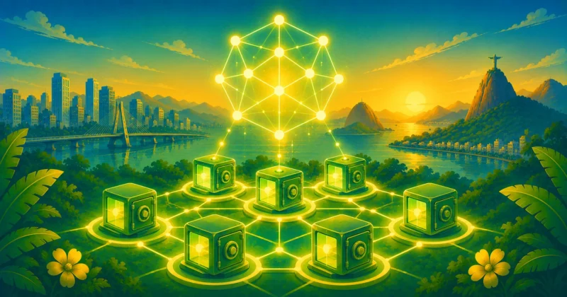 Ilustração de um token digital descentralizado conectado a cofres de colateral, representando a stablecoin DAI