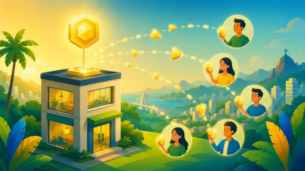 Ilustração de uma pequena empresa emitindo tokens fracionados de participação societária para investidores, representando o conceito de ações tokenizadas no Brasil