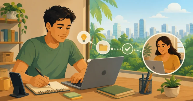 Pessoa trabalhando pela internet em casa com notebook e celular para prestar serviços online.