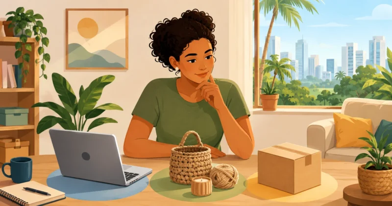 Ilustração de uma pessoa trabalhando calmamente em casa, cercada por objetos que representam diferentes atividades de renda extra