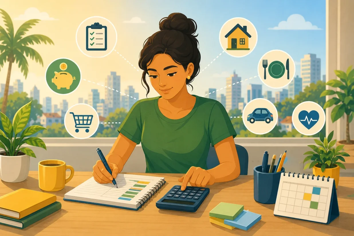 Pessoa organizando um orçamento pessoal com caderno, calculadora e categorias de despesas.