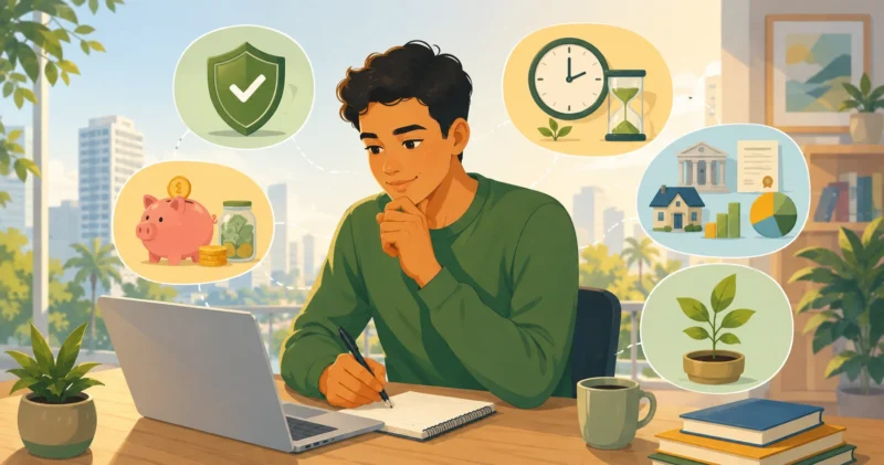 Ilustração de uma pessoa avaliando com calma uma balança simbolizando risco e retorno antes de investir