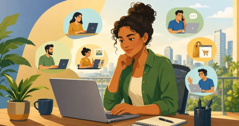 Ilustração de uma pessoa trabalhando em um laptop cercada por ícones representando diferentes caminhos de trabalho online
