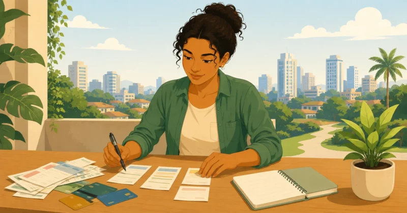 Ilustração de uma pessoa desenrolando calmamente um fio embaraçado, representando a organização das dívidas passo a passo
