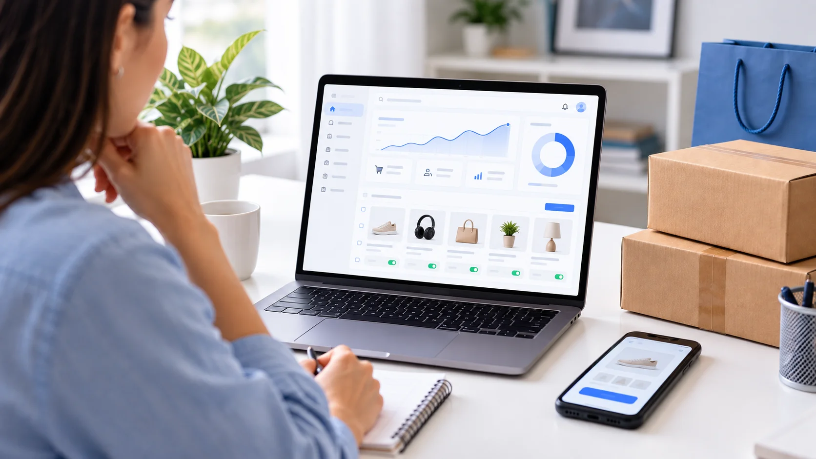 Empreendedora analisando painel de gestão de loja virtual