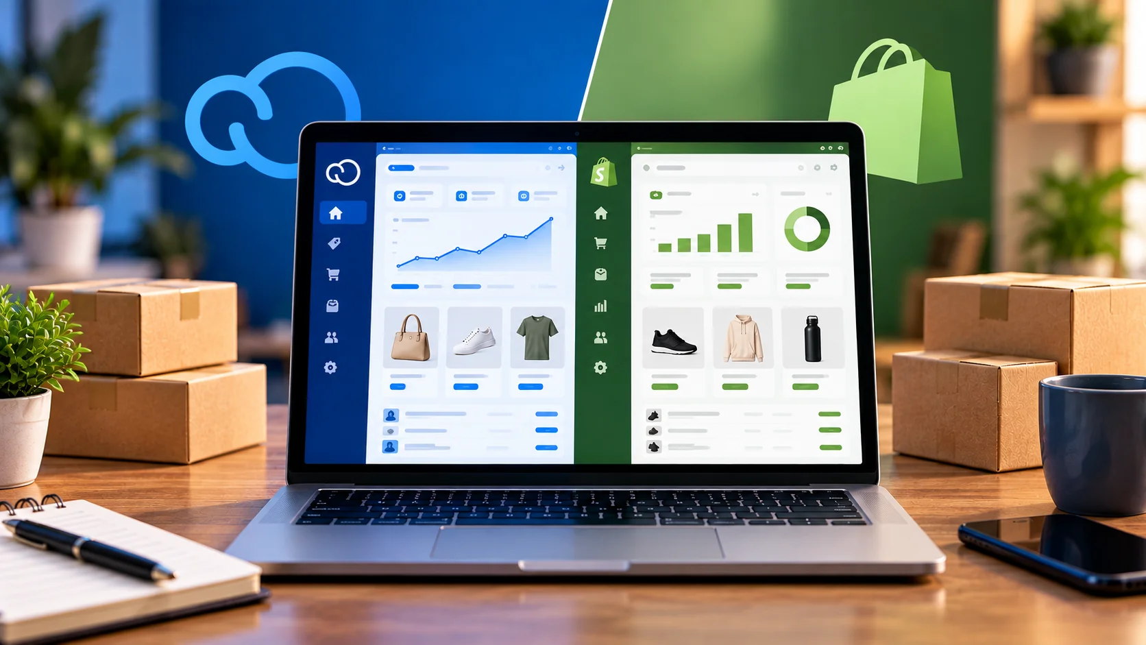 Comparação entre duas plataformas de e-commerce em notebook