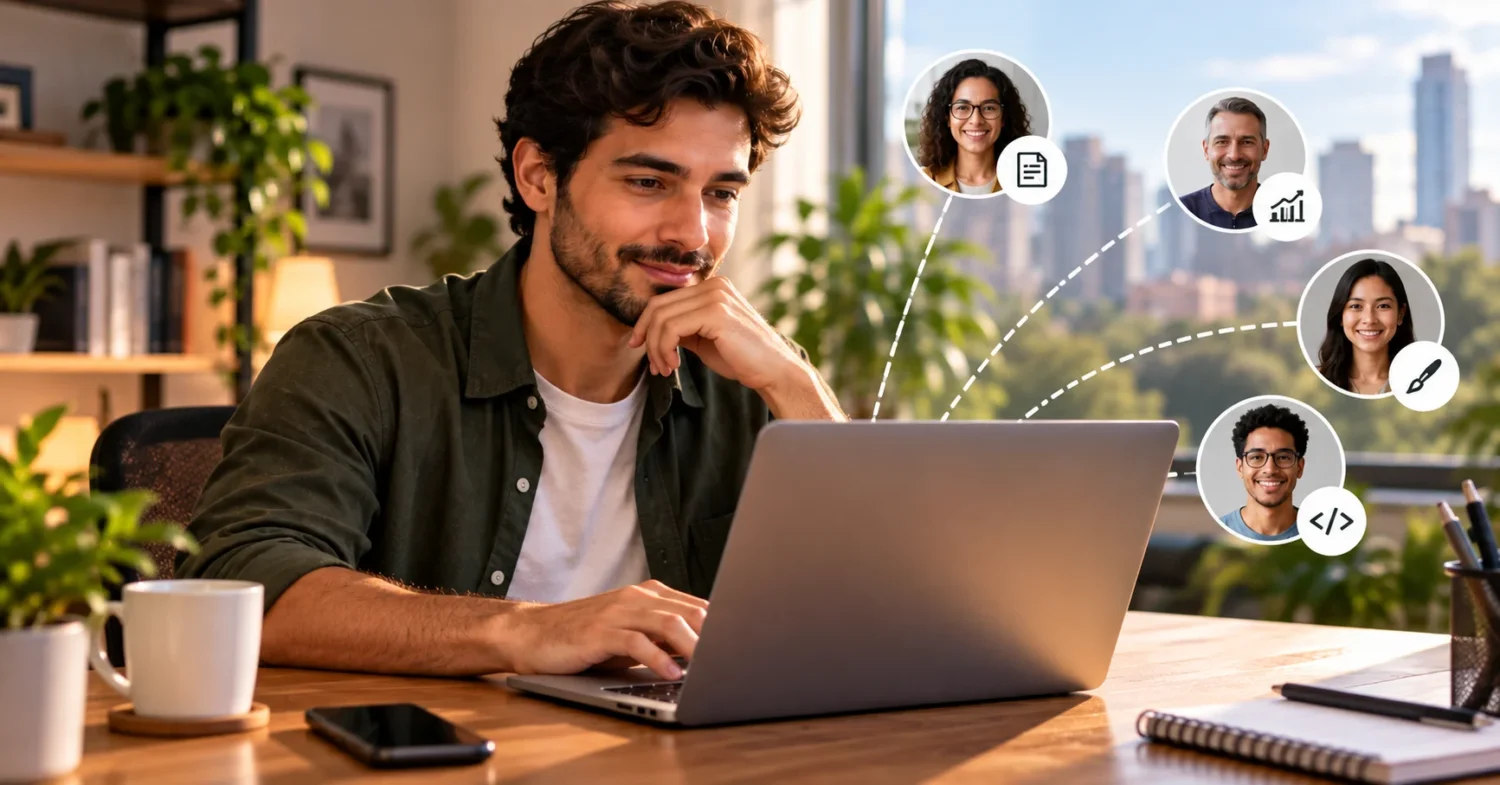 Freelancer trabalhando no computador e se conectando com diferentes potenciais clientes.