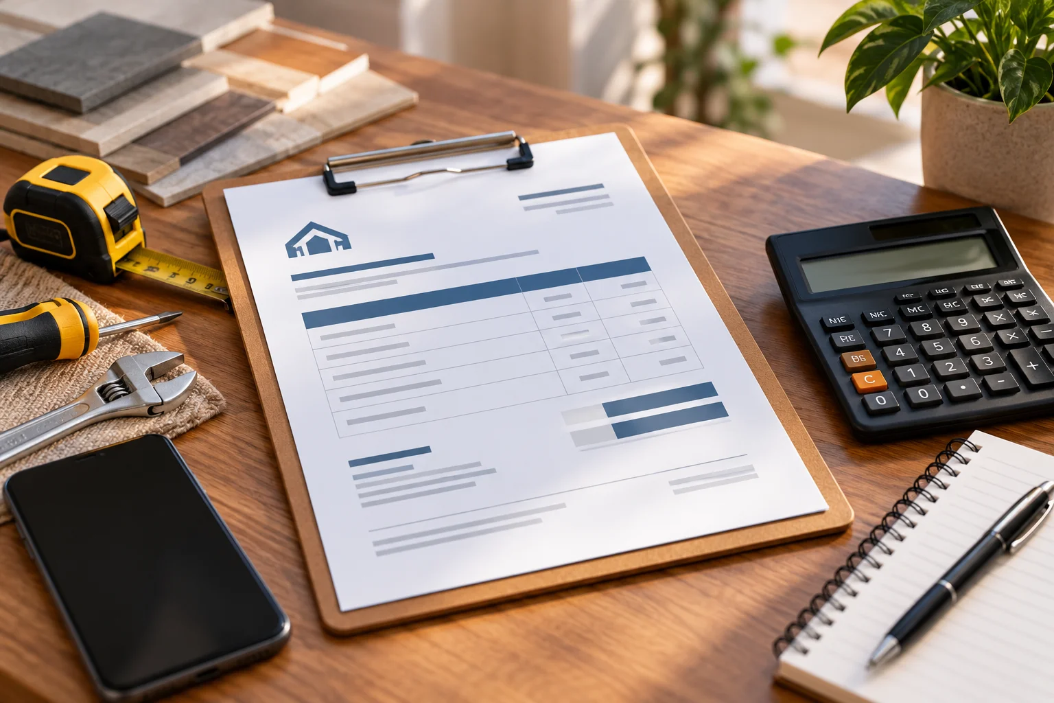 Orçamento de serviço com calculadora, prancheta e ferramentas de trabalho