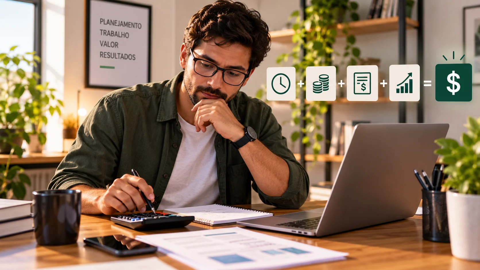 Profissional calculando custos e valores para definir o preço de um serviço.