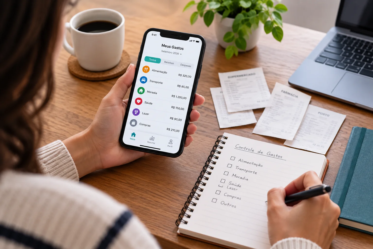 Pessoa controlando gastos pessoais com celular e caderno
