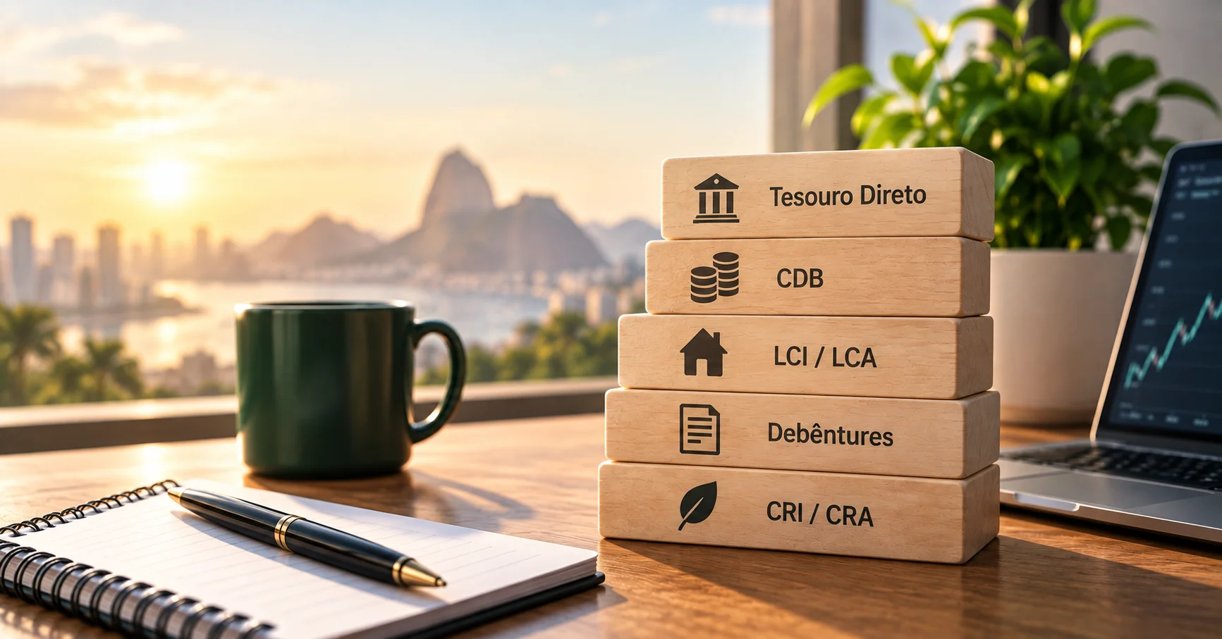 Principais tipos de investimentos de renda fixa, incluindo Tesouro Direto, CDB, LCI, LCA, debêntures, CRI e CRA.