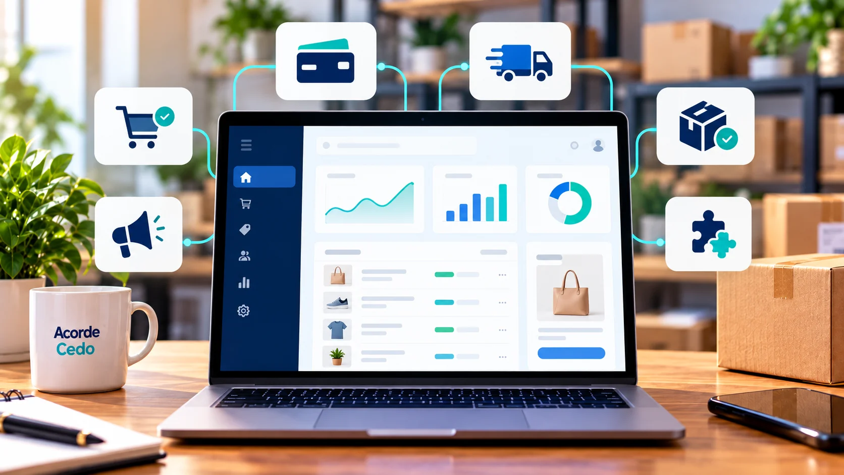 Painel de gestão de e-commerce com ferramentas de pagamentos, envios, estoque e marketing
