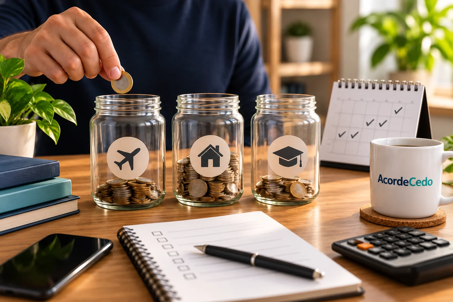 Pessoa organizando metas financeiras para viagem, casa e educação