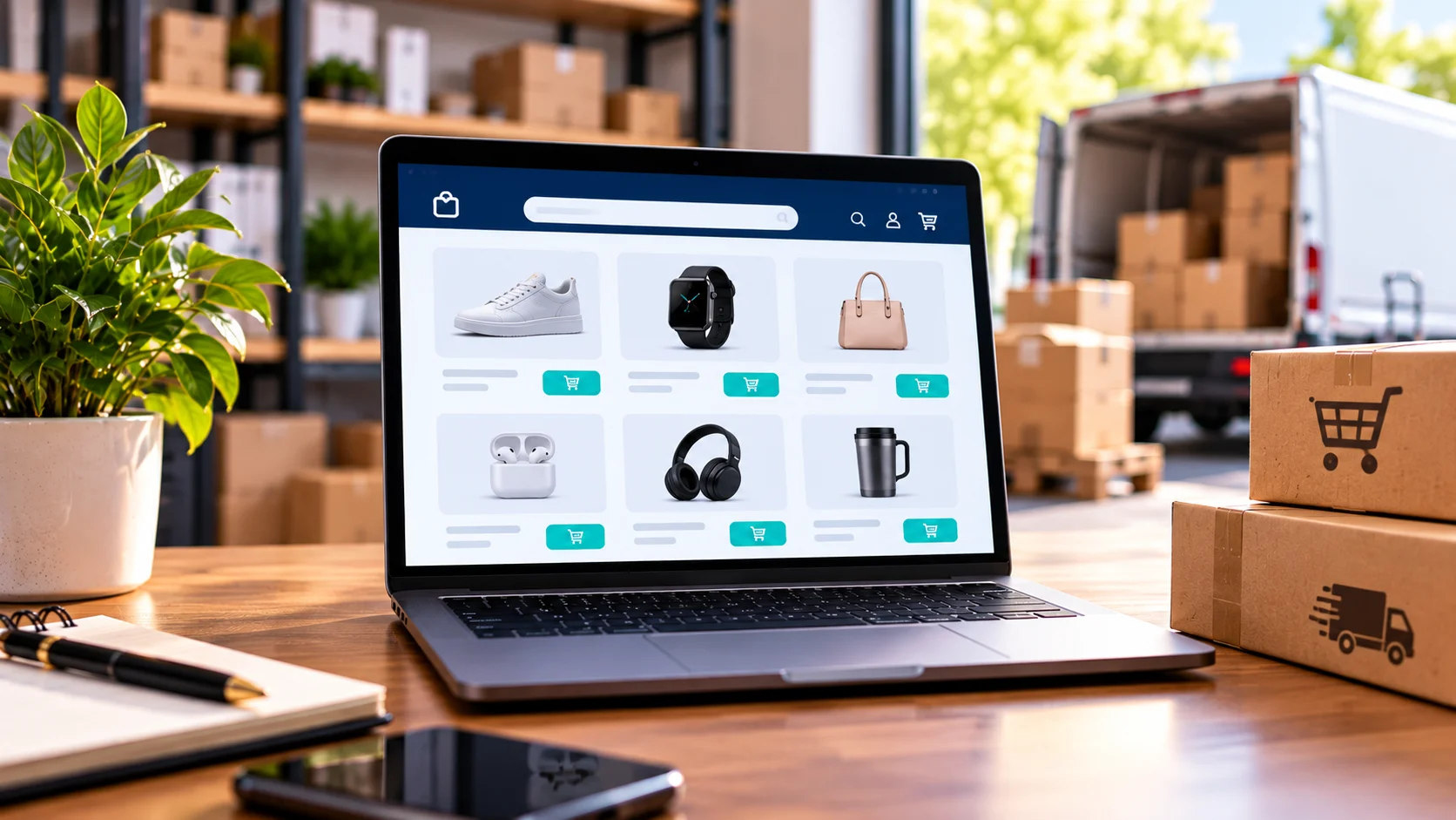 Loja virtual com produtos e caixas de envio em operação de dropshipping