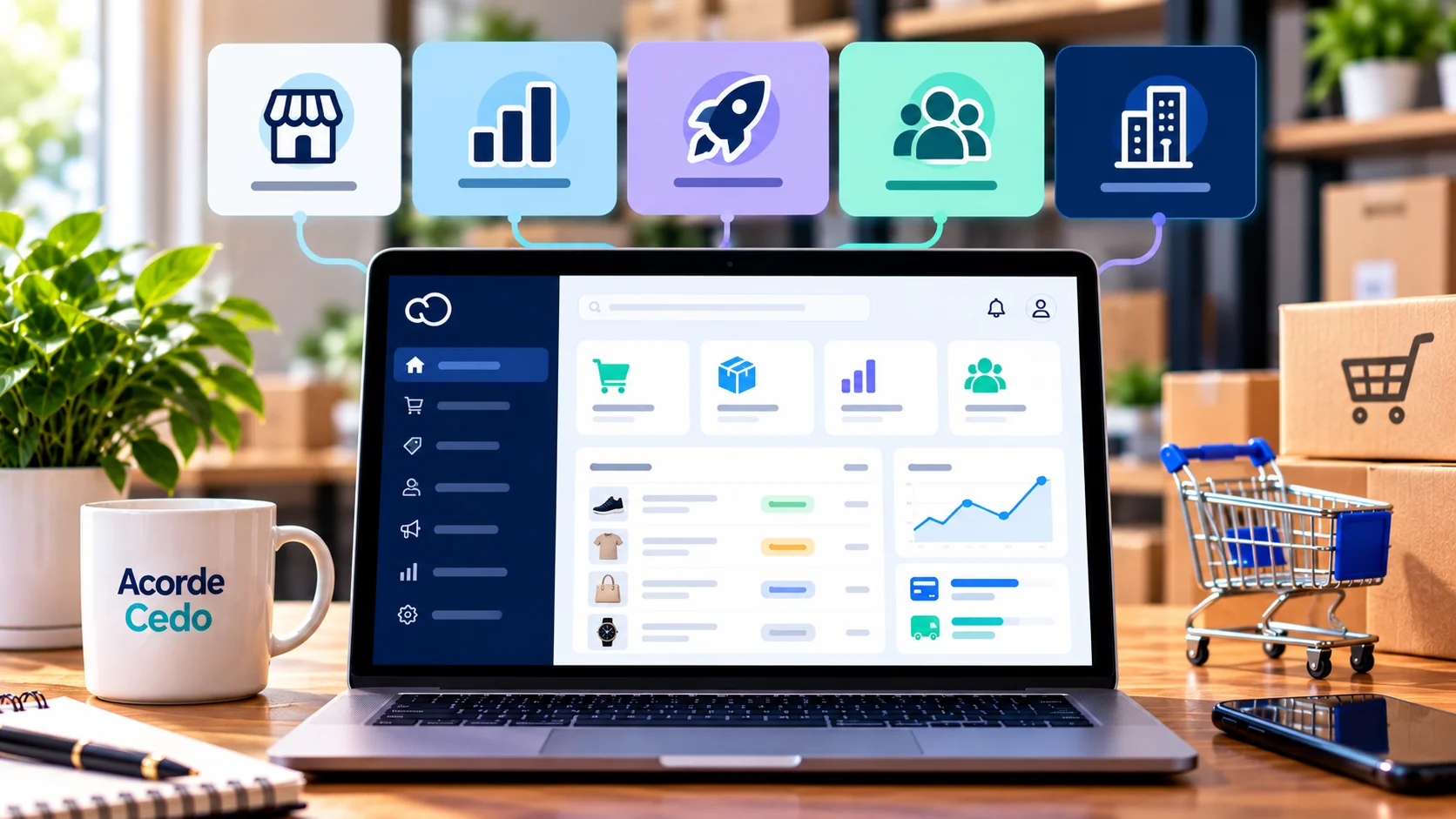 Comparação visual entre diferentes planos e recursos de uma plataforma de e-commerce