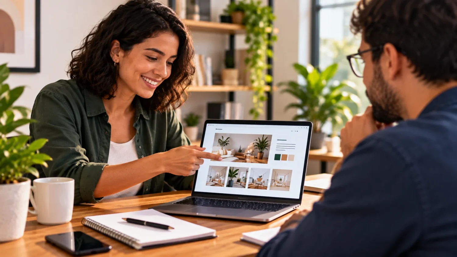 Profissional apresentando um projeto a um cliente durante uma prestação de serviços.