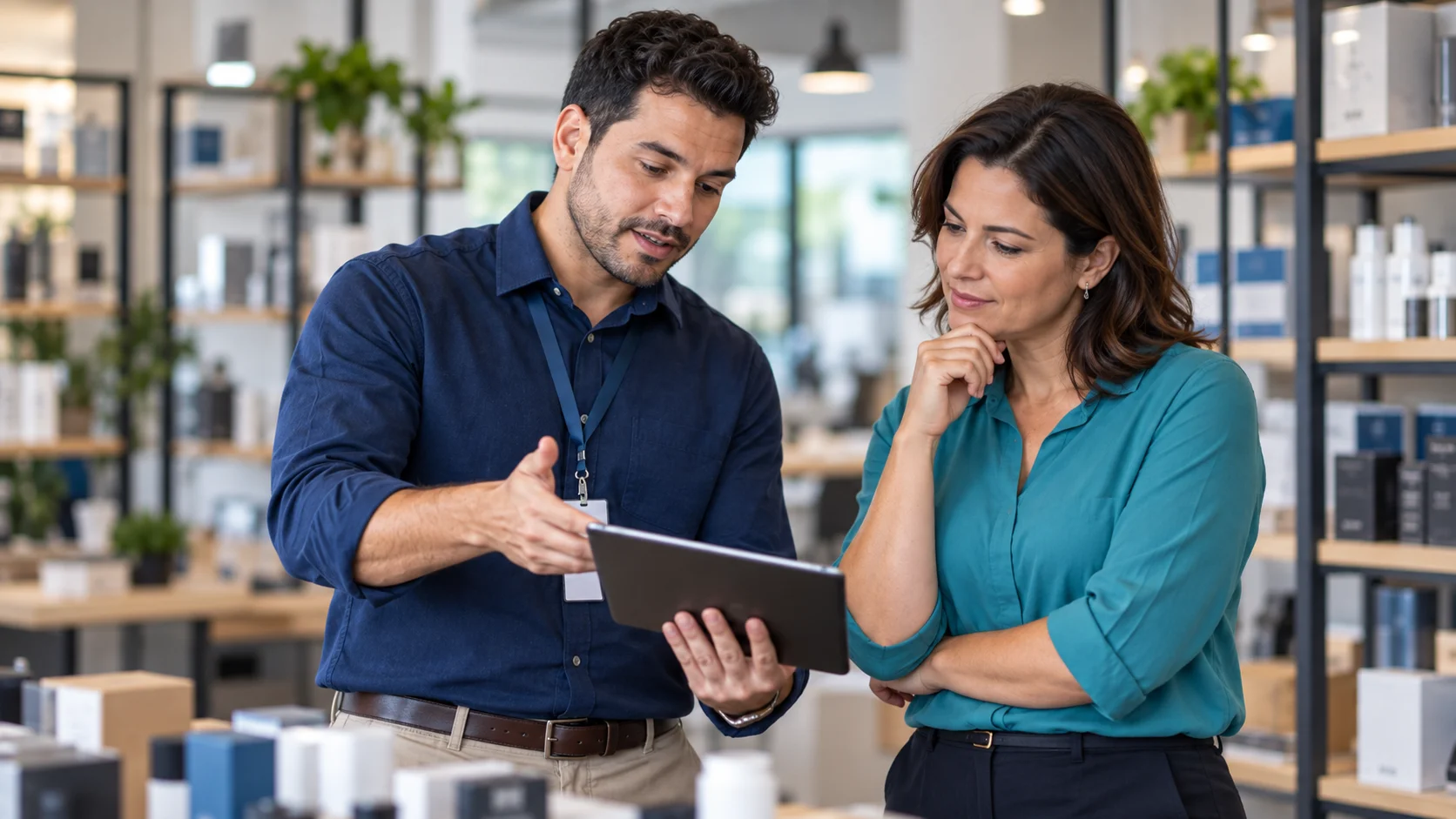 Representante comercial apresentando produtos a uma cliente
