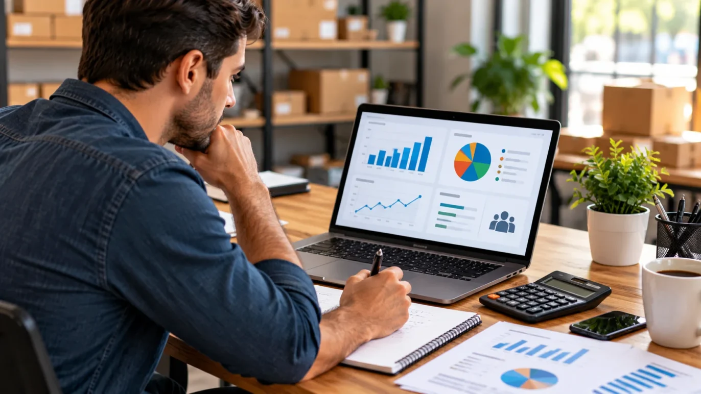 Empreendedor analisando gráficos de vendas e despesas para avaliar o custo de aquisição de clientes.