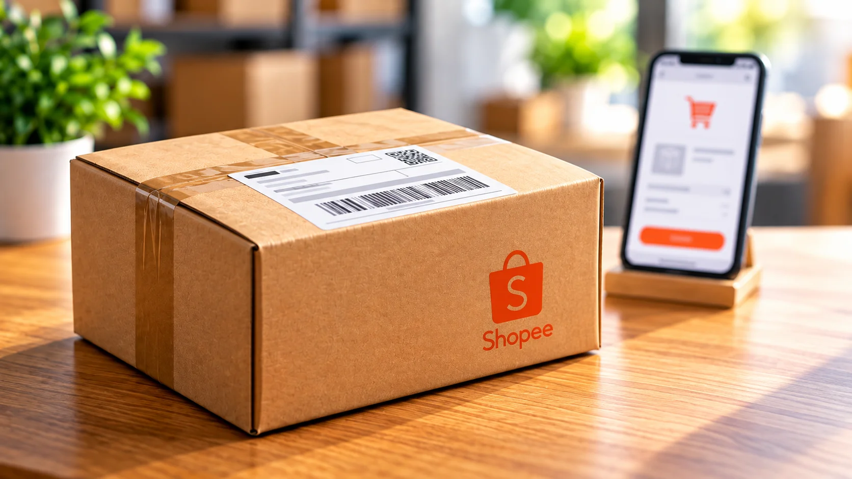 Caixa de envio da Shopee preparada para venda online