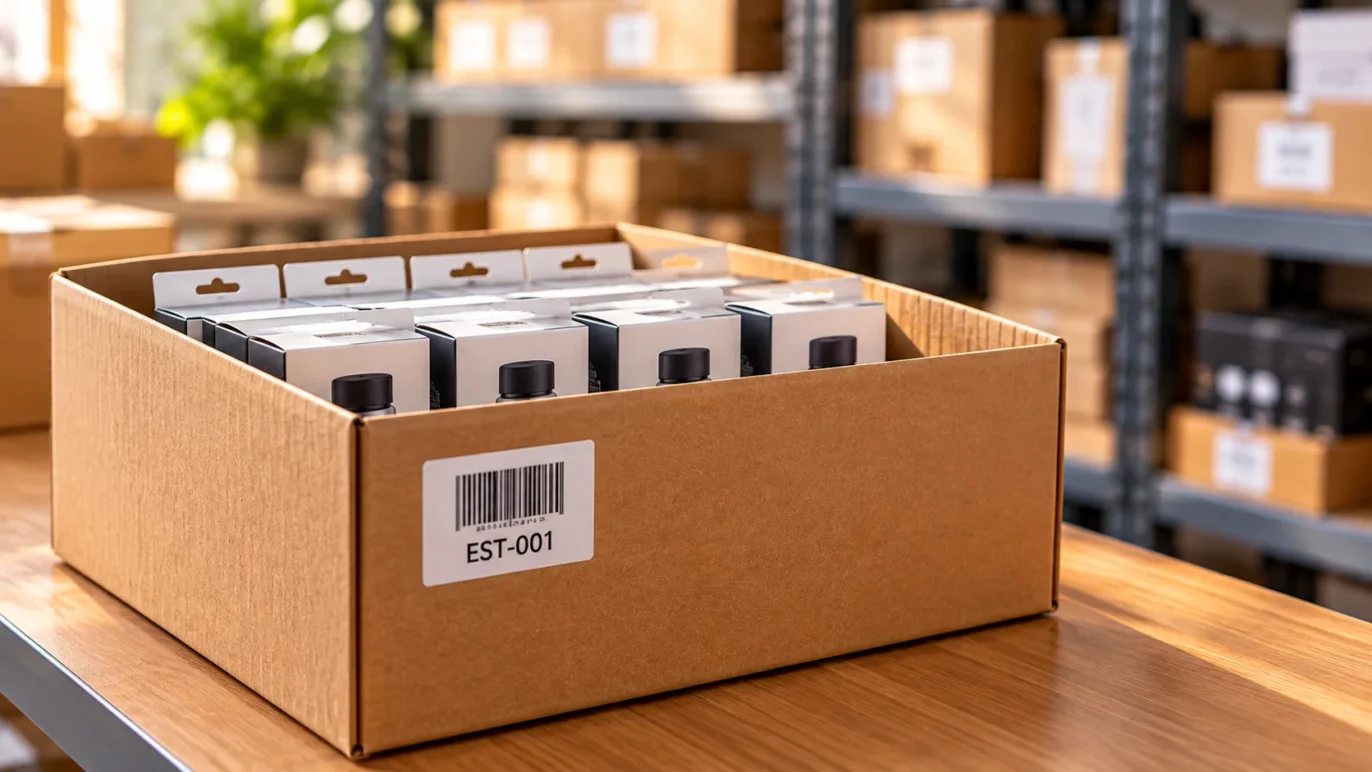 Caixa com produtos organizados e identificados para controle de estoque