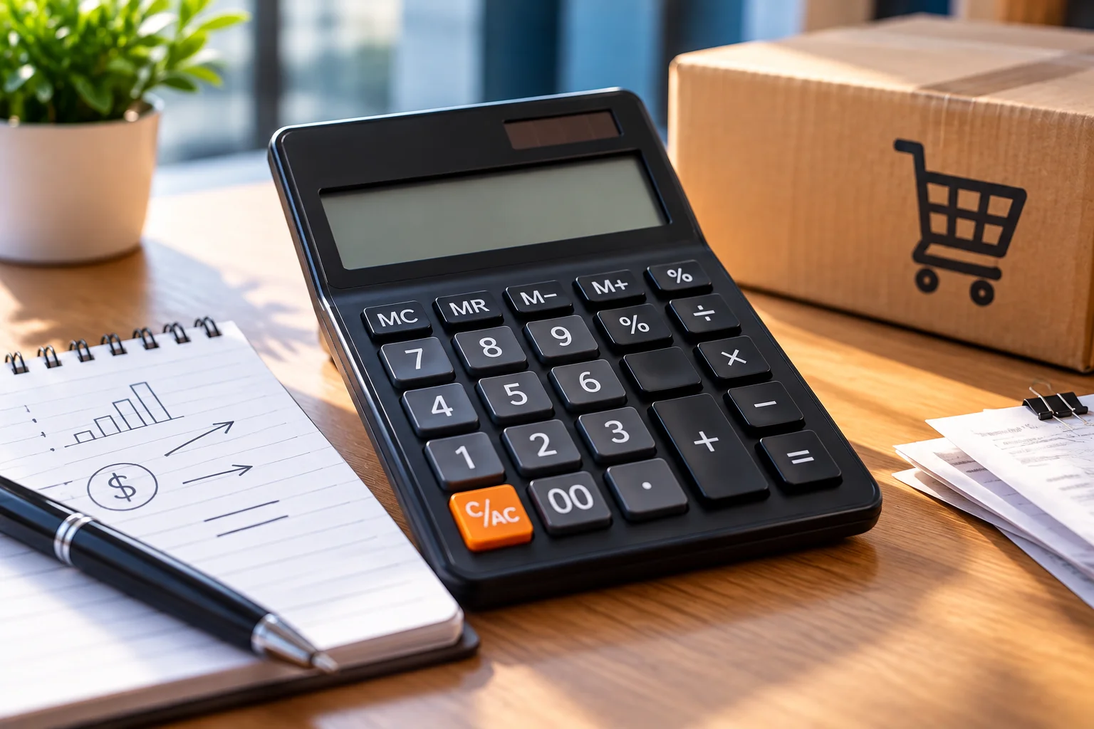 Calculadora e materiais financeiros representando o cálculo do capital de giro