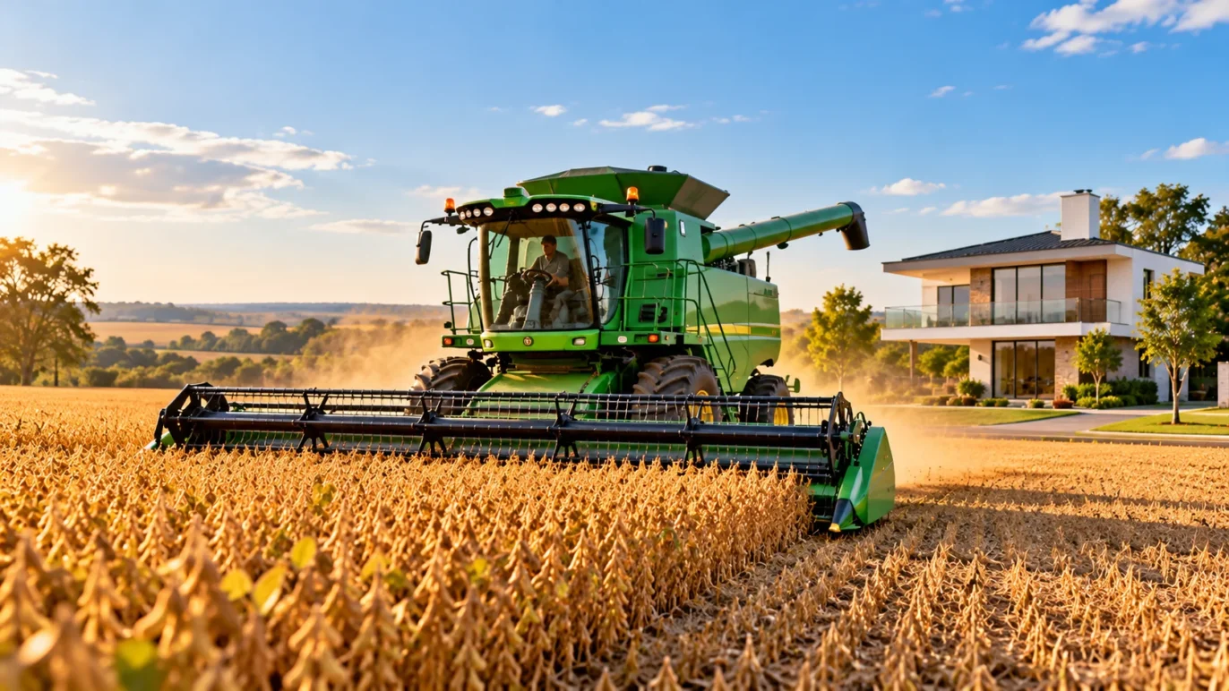Colheitadeira em plantação agrícola com imóvel ao fundo, representando os setores da LCA e da LCI.