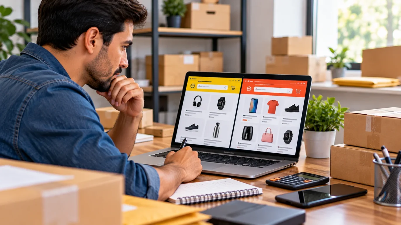 Empreendedor comparando produtos em dois marketplaces no computador.