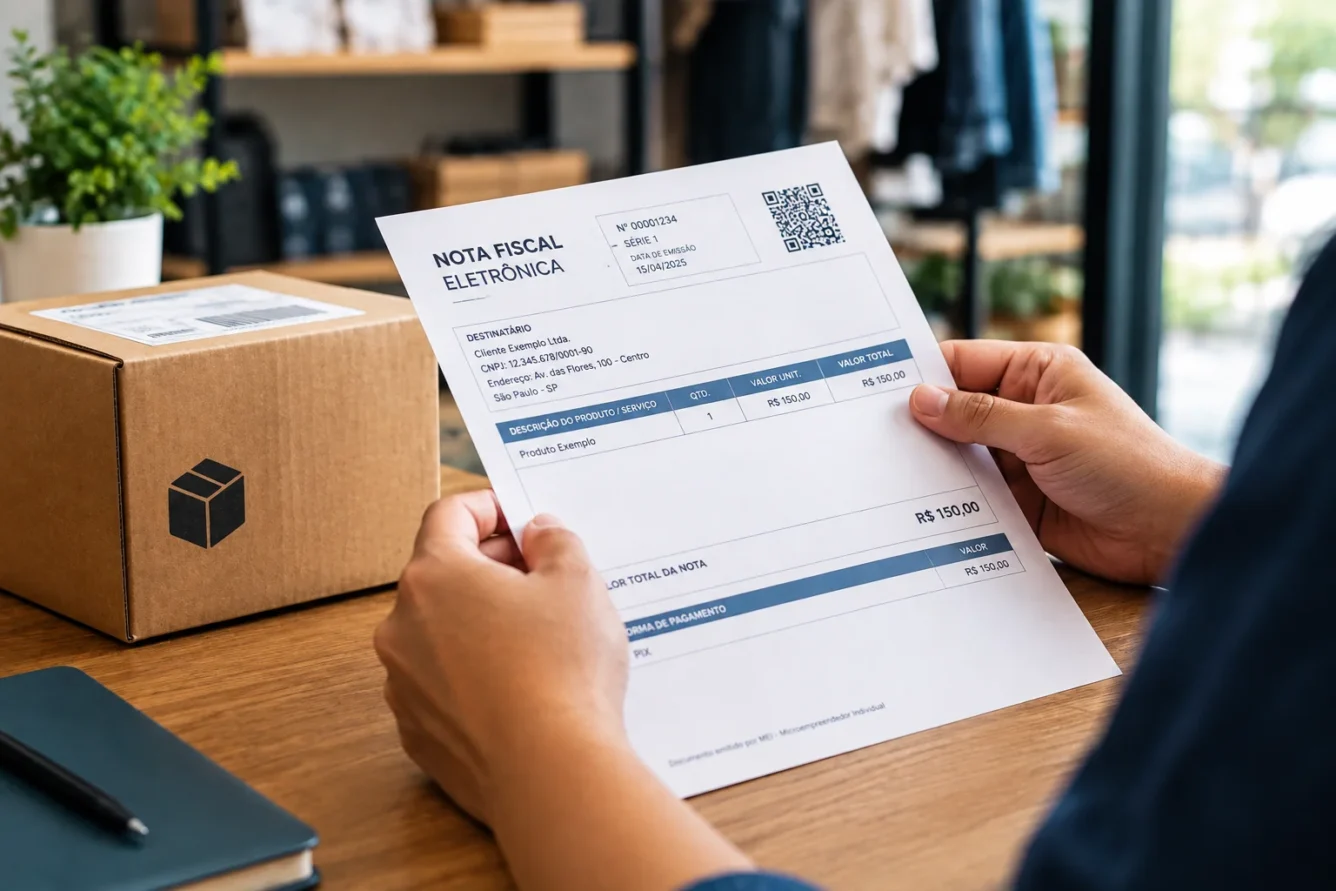 Nota fiscal impressa sendo conferida por uma pessoa em um pequeno negócio, com uma caixa de produto ao lado.