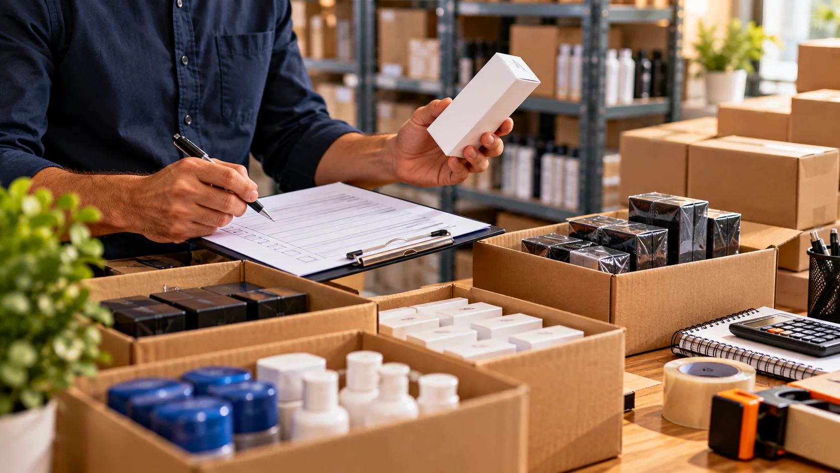 Profissional conferindo produtos e fornecedores para revenda