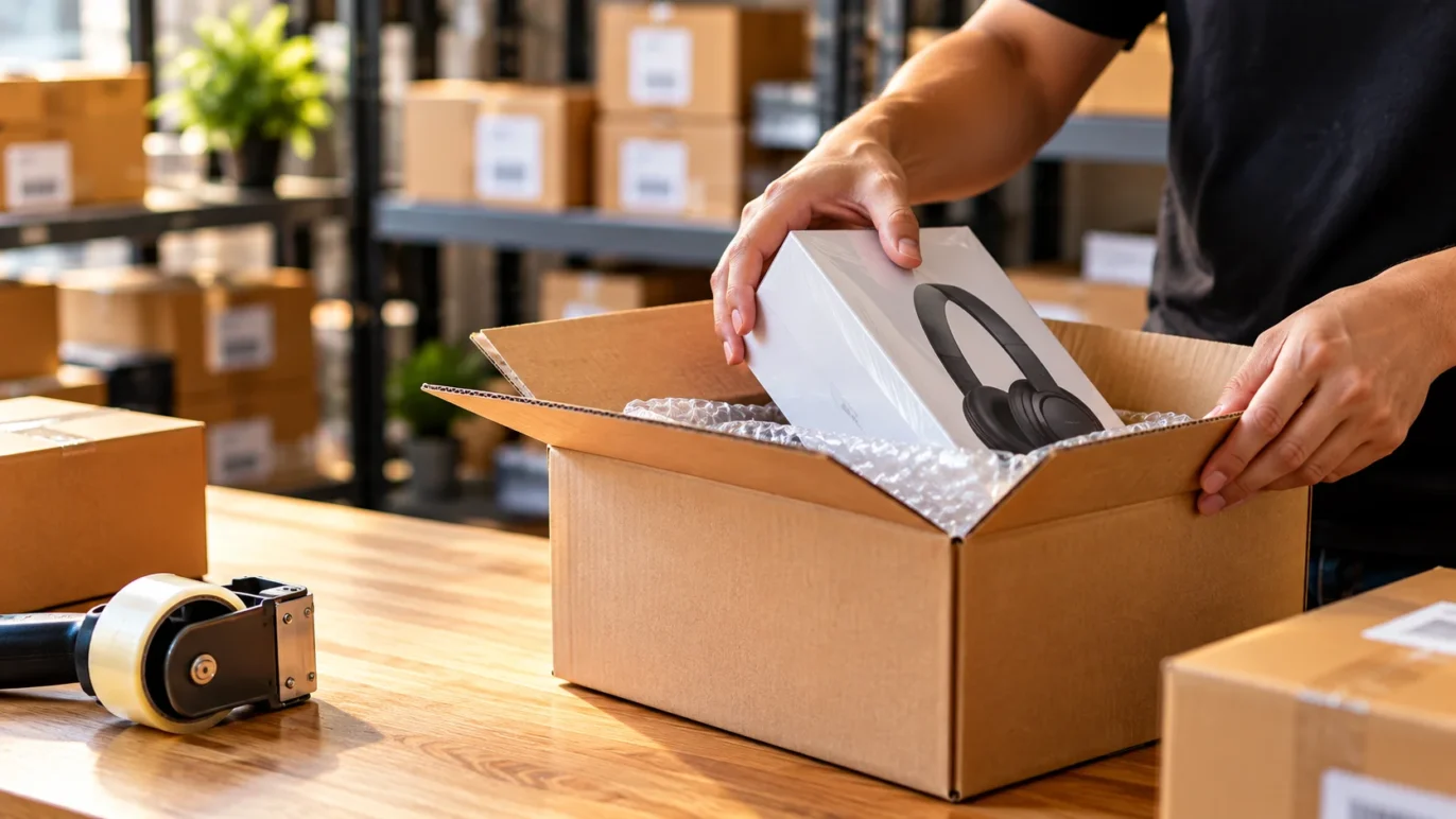 Produto sendo embalado para envio em operação de dropshipping nacional