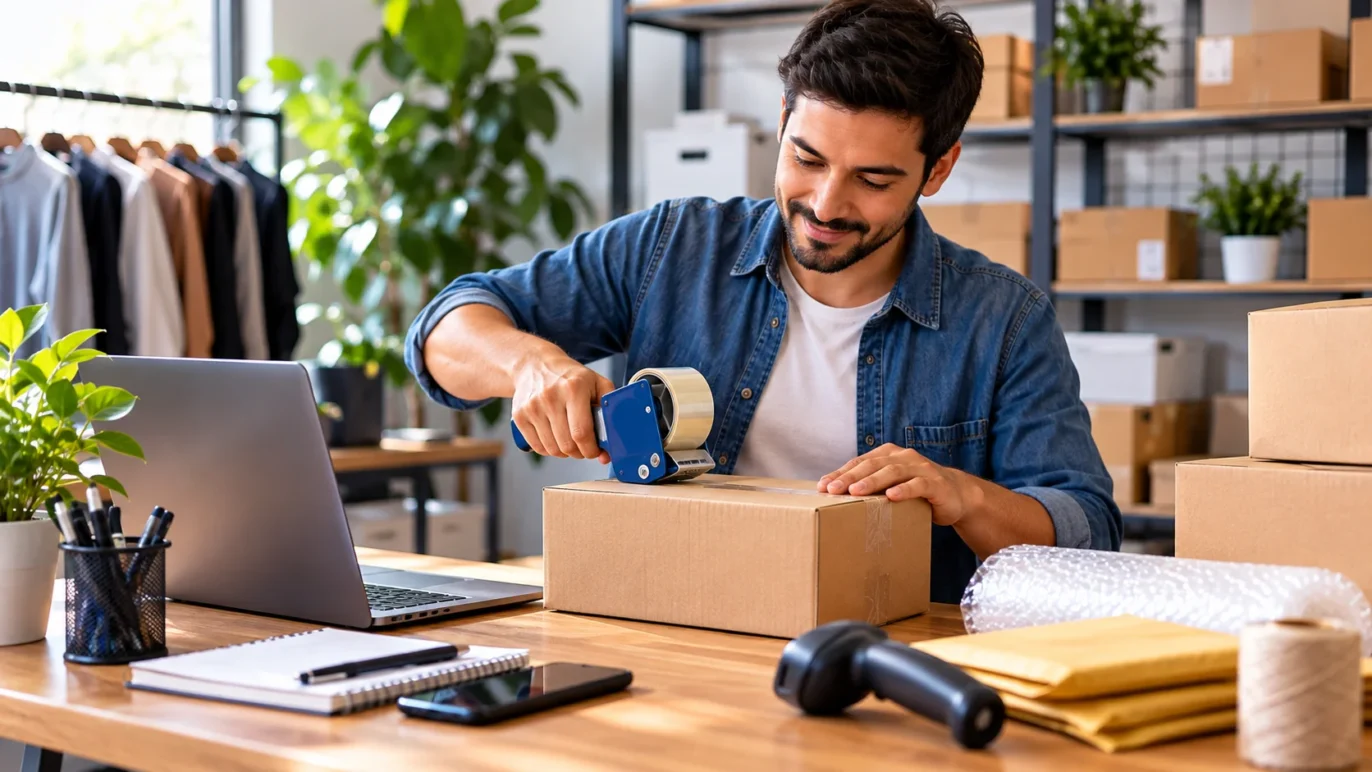 Pequeno empreendedor preparando uma encomenda em seu espaço de trabalho.