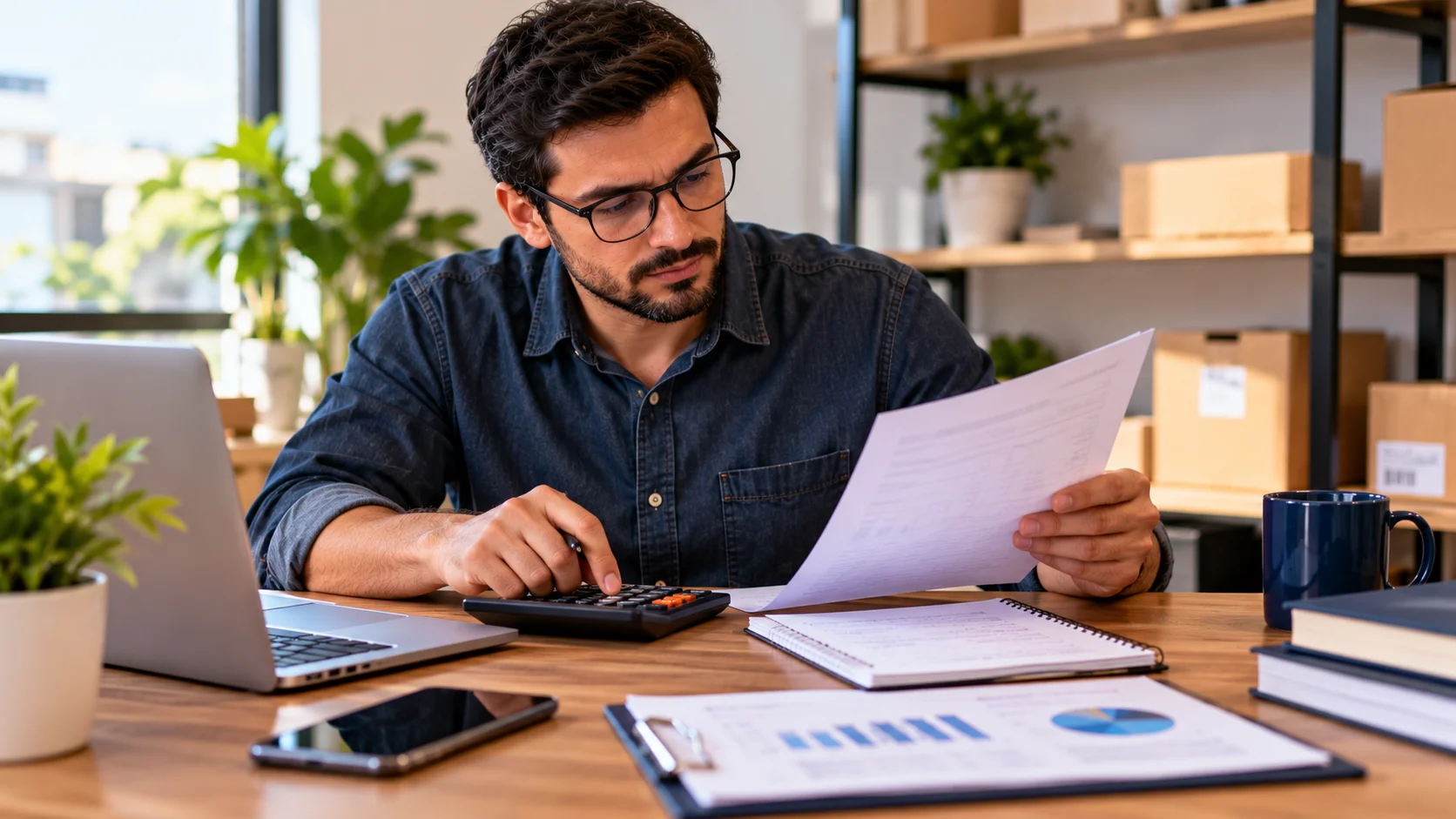 Empresário analisando documentos e calculando valores para organizar as finanças da empresa.