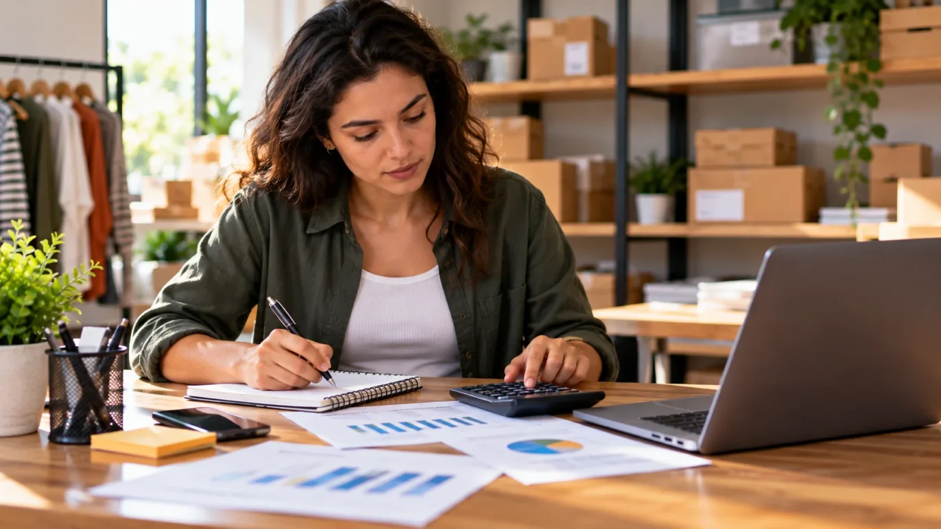 Empreendedora analisando dados de vendas e calculando o ticket médio do negócio.