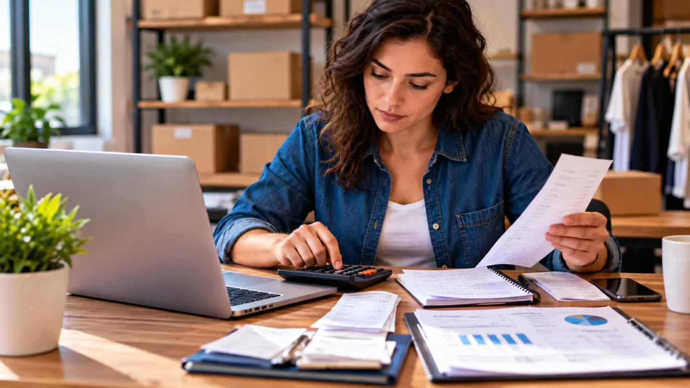 Empreendedora conferindo documentos e calculando valores para organizar as contas a pagar e a receber da empresa.