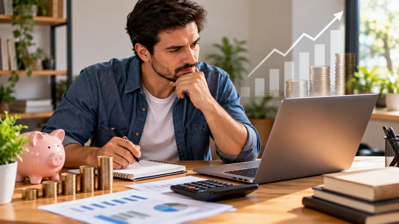 Pessoa analisando um planejamento financeiro de longo prazo com computador e calculadora.