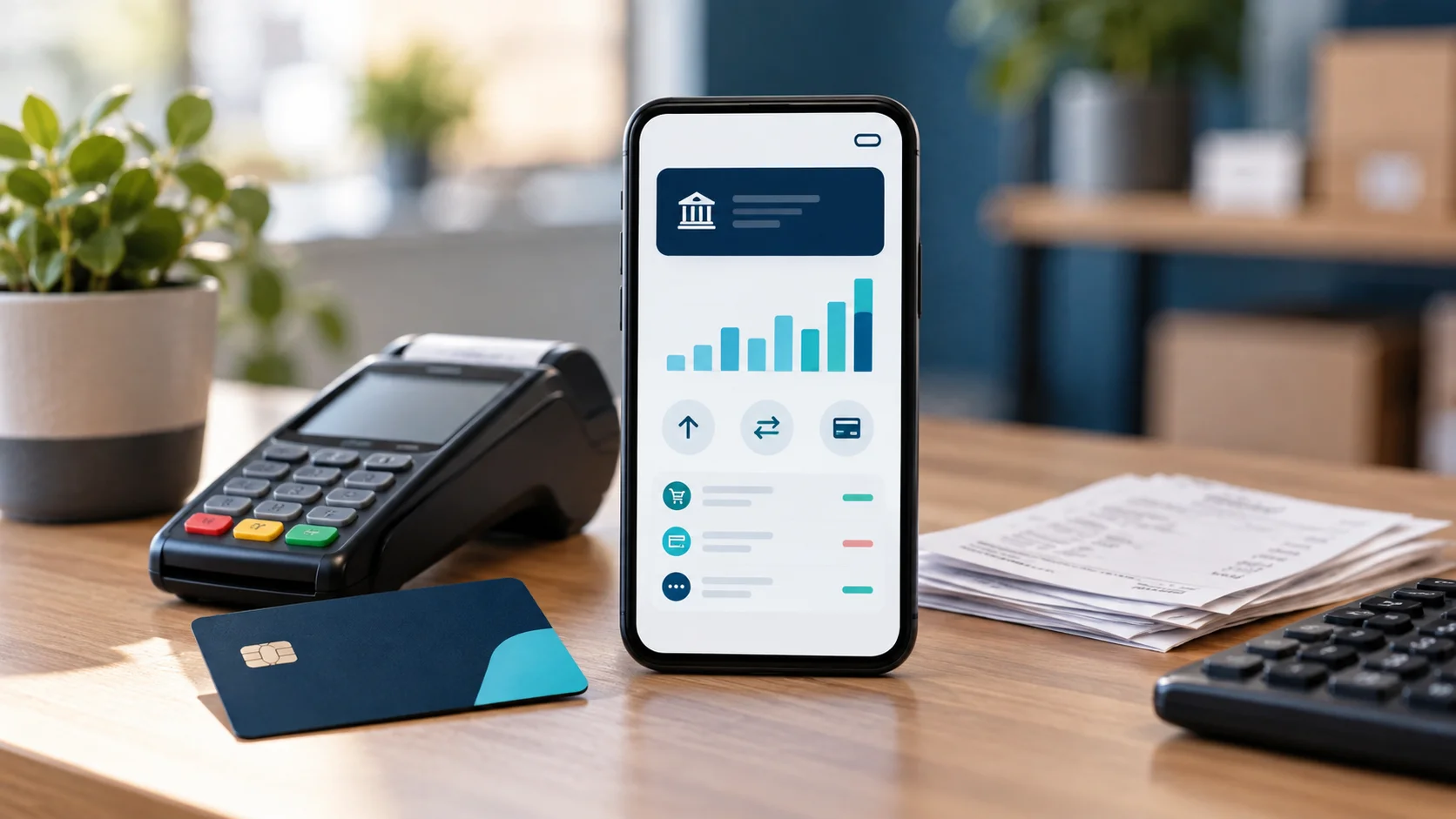 Celular com aplicativo financeiro ao lado de cartão e maquininha em ambiente de trabalho